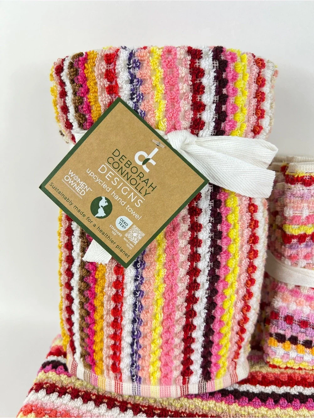 Deborah Connolly Bath Towel Set Pink Red Multicolor Striped Cotton 2 Pc Set NEW